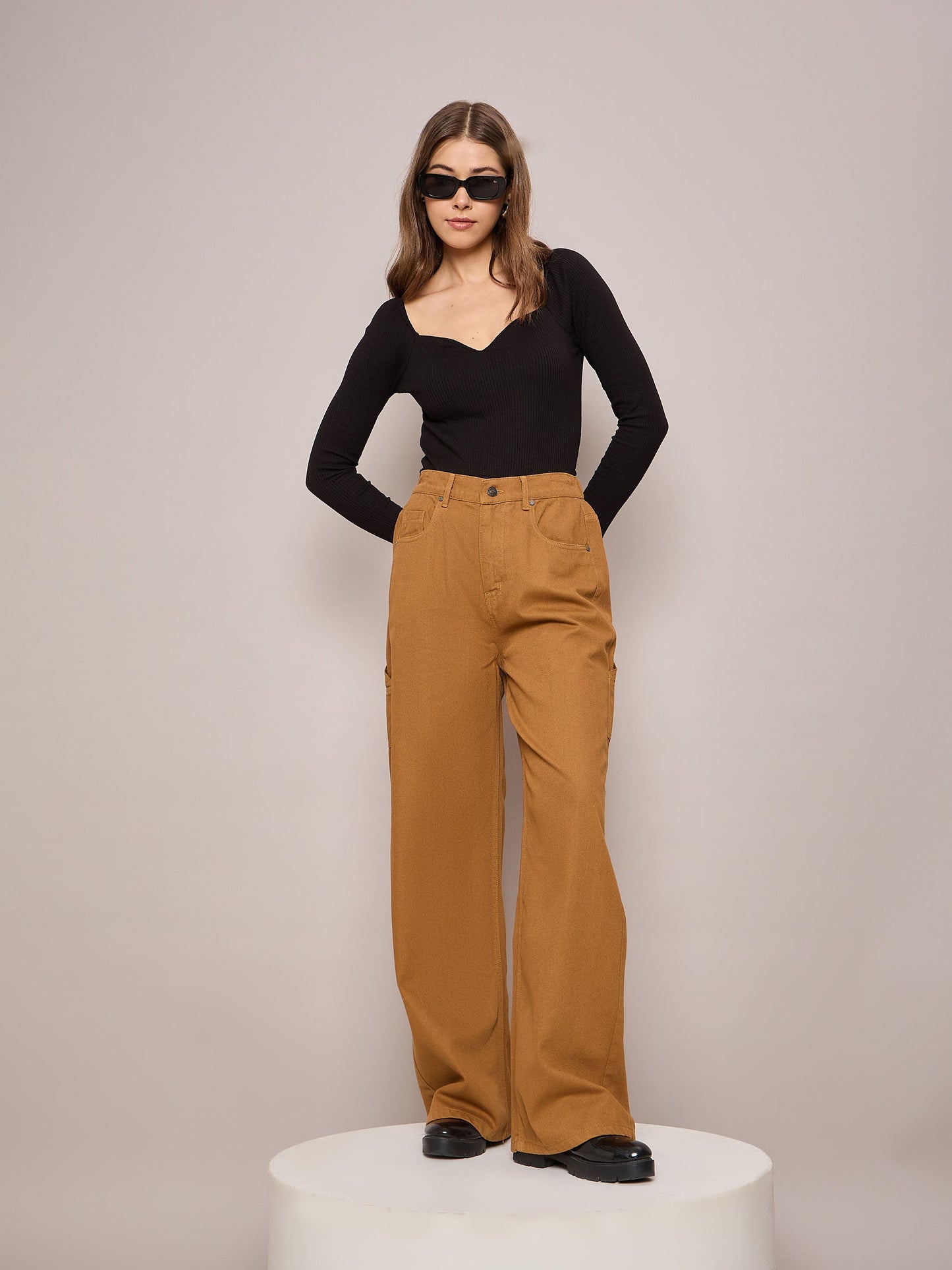 Brown Elasticated High Waist Back Pocket Jeans