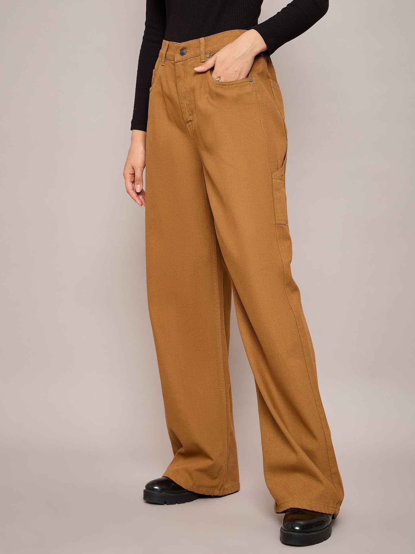 Brown Elasticated High Waist Back Pocket Jeans