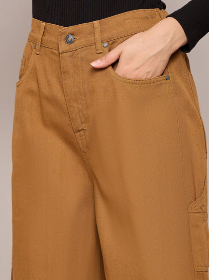 Brown Elasticated High Waist Back Pocket Jeans