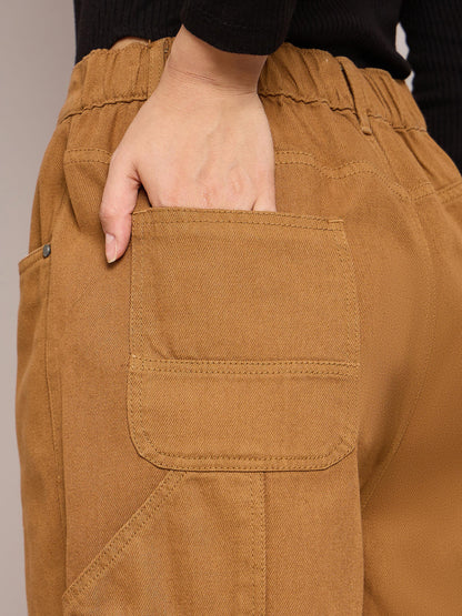 Brown Elasticated High Waist Back Pocket Jeans