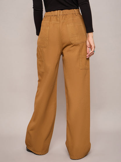Brown Elasticated High Waist Back Pocket Jeans