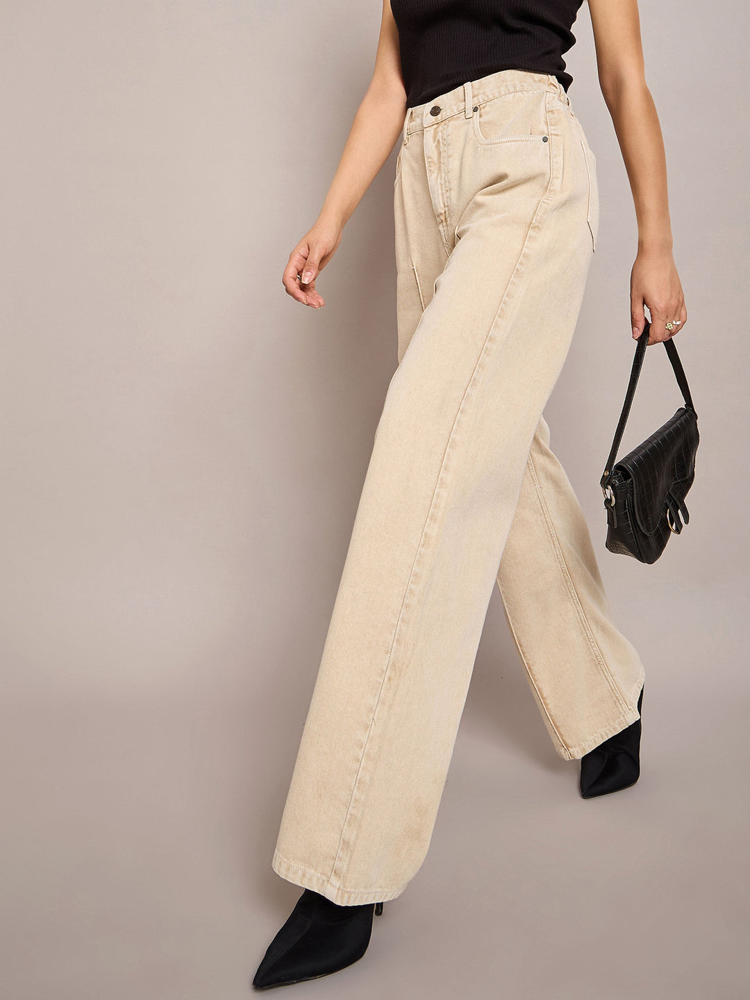 Women Beige Waist Front Dart Straight Jeans