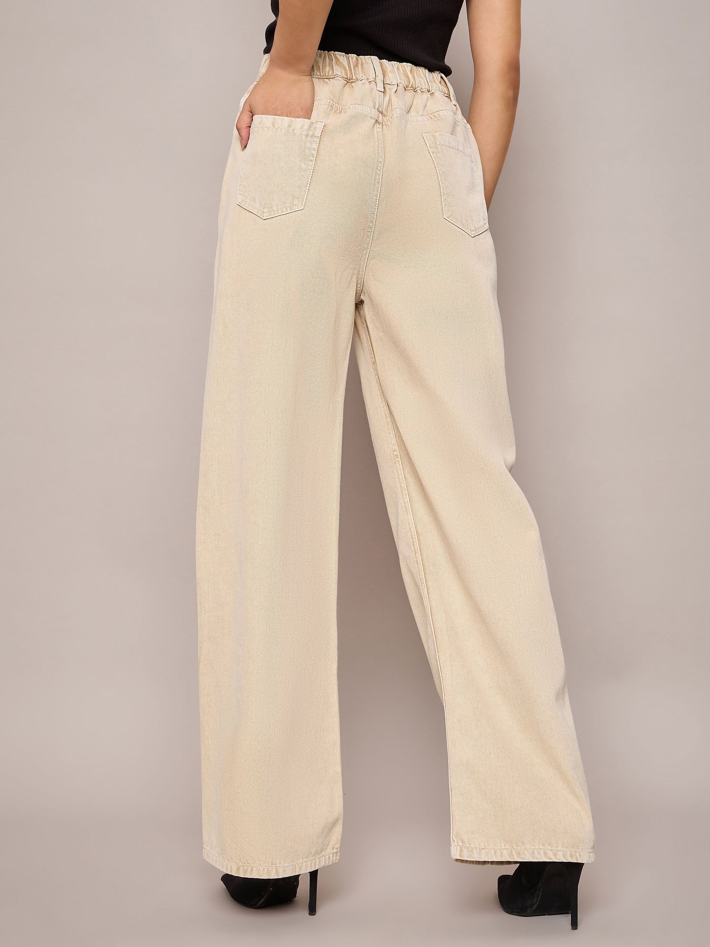 Women Beige Waist Front Dart Straight Jeans
