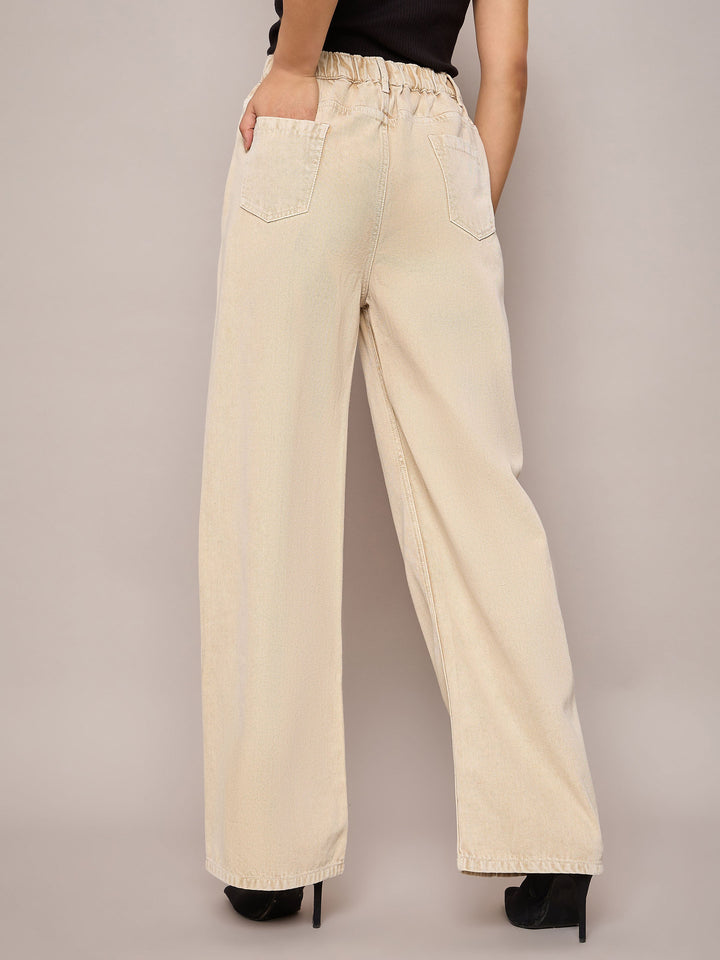 Women Beige Waist Front Dart Straight Jeans