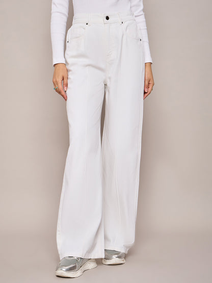Women White High Waist Front Dart Straight Jeans
