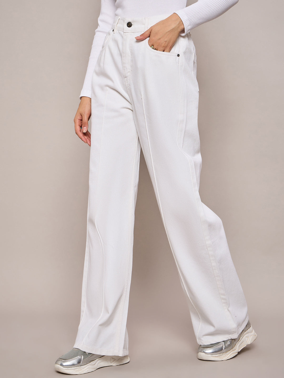 Women White High Waist Front Dart Straight Jeans