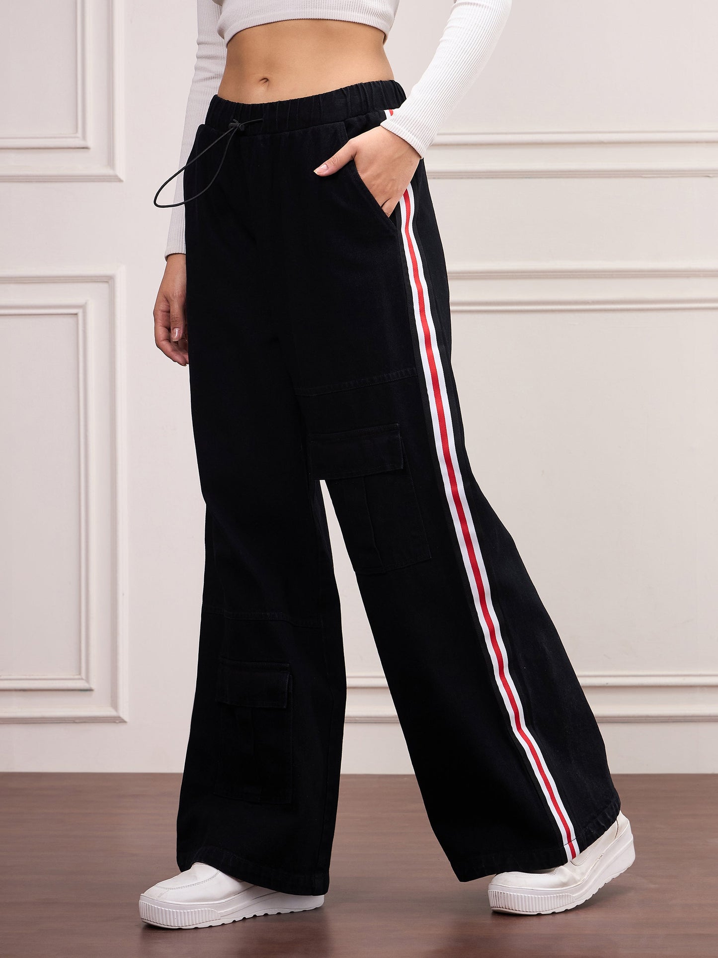 Black Denim Side Tape Cargo Jeans