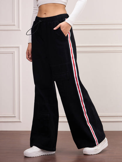 Black Denim Side Tape Cargo Jeans