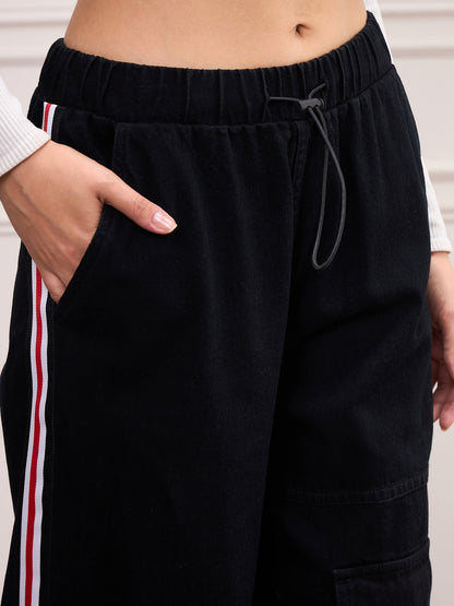 Black Denim Side Tape Cargo Jeans