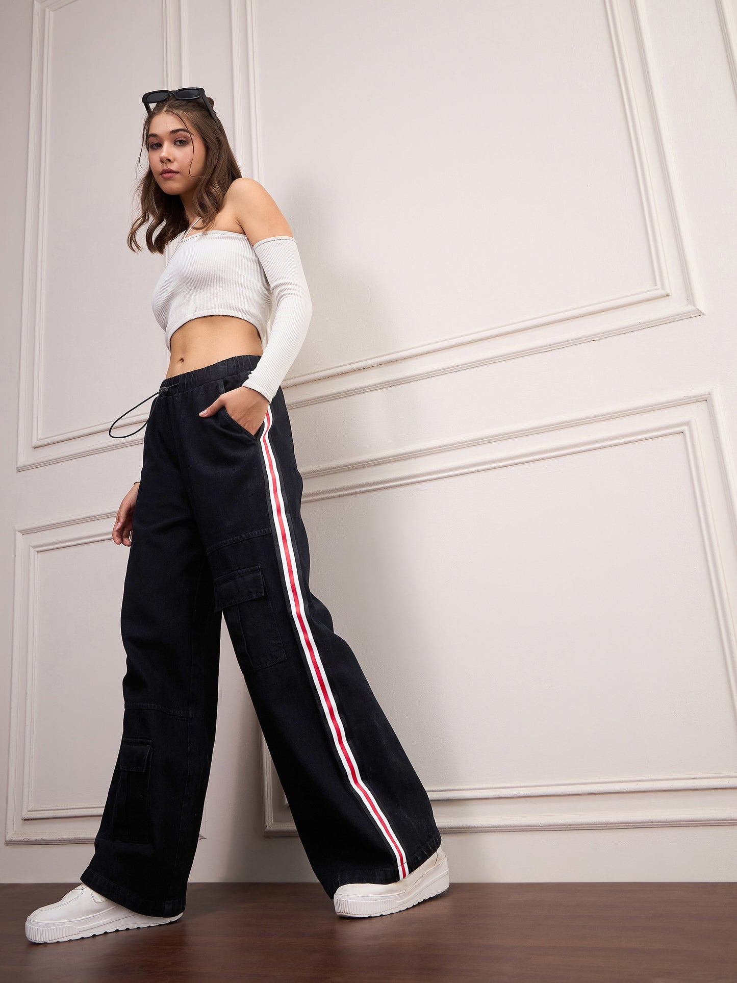 Black Denim Side Tape Cargo Jeans