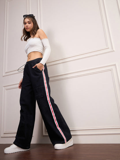 Black Denim Side Tape Cargo Jeans