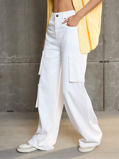 Women White Box Pocket Straight Premium Jeans