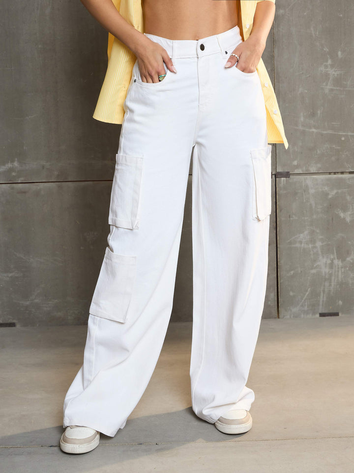 Women White Box Pocket Straight Premium Jeans