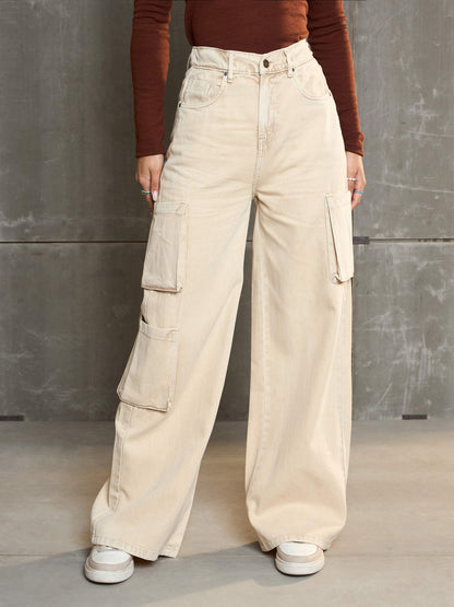 Women's Women Beige Box Pocket Straight Premium Jeans in Cotton by Sassafras for wholesale, bulk, supplier, manufacturer and wholesaler buyers from Trendphoria