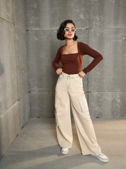 Women Beige Box Pocket Straight Premium Jeans