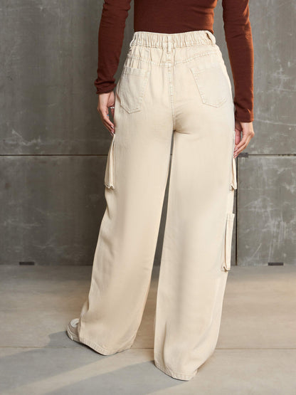 Women Beige Box Pocket Straight Premium Jeans