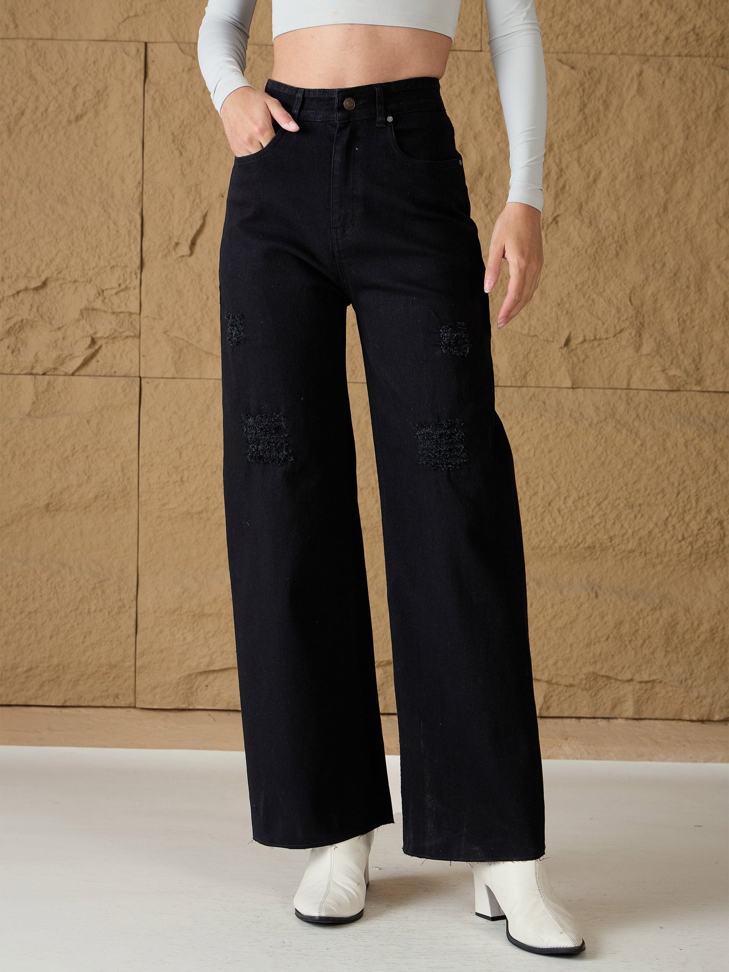 Black Denim Premium Front Detail Straight Jeans