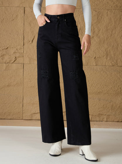 Black Denim Premium Front Detail Straight Jeans