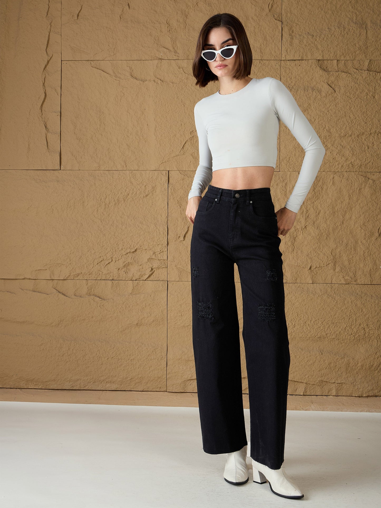 Black Denim Premium Front Detail Straight Jeans