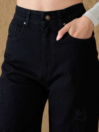 Black Denim Premium Front Detail Straight Jeans