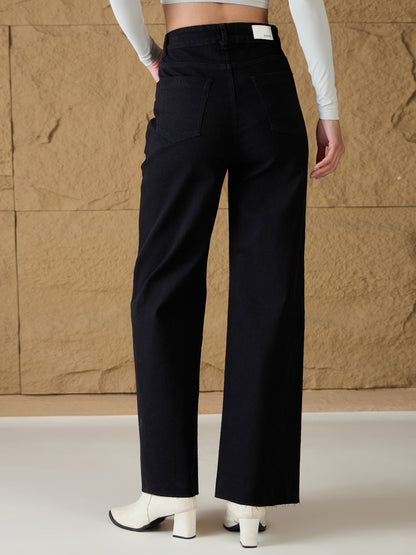 Black Denim Premium Front Detail Straight Jeans