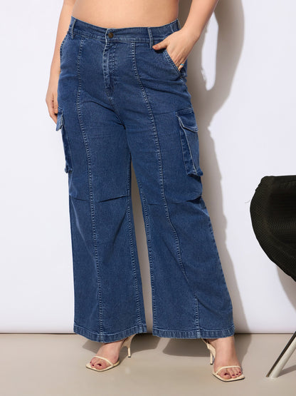 Navy Denim Front Seam Side Pockets Straight Jeans
