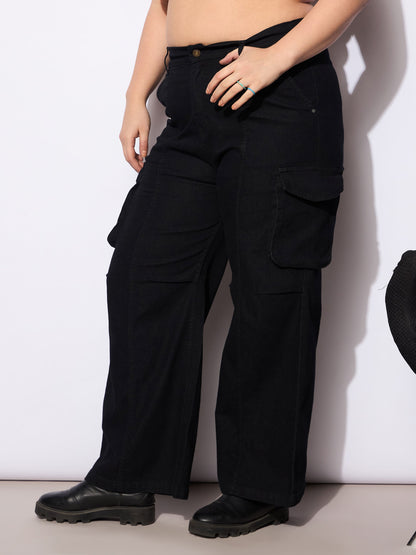 Black Denim Front Seam Side Pockets Straight Jeans