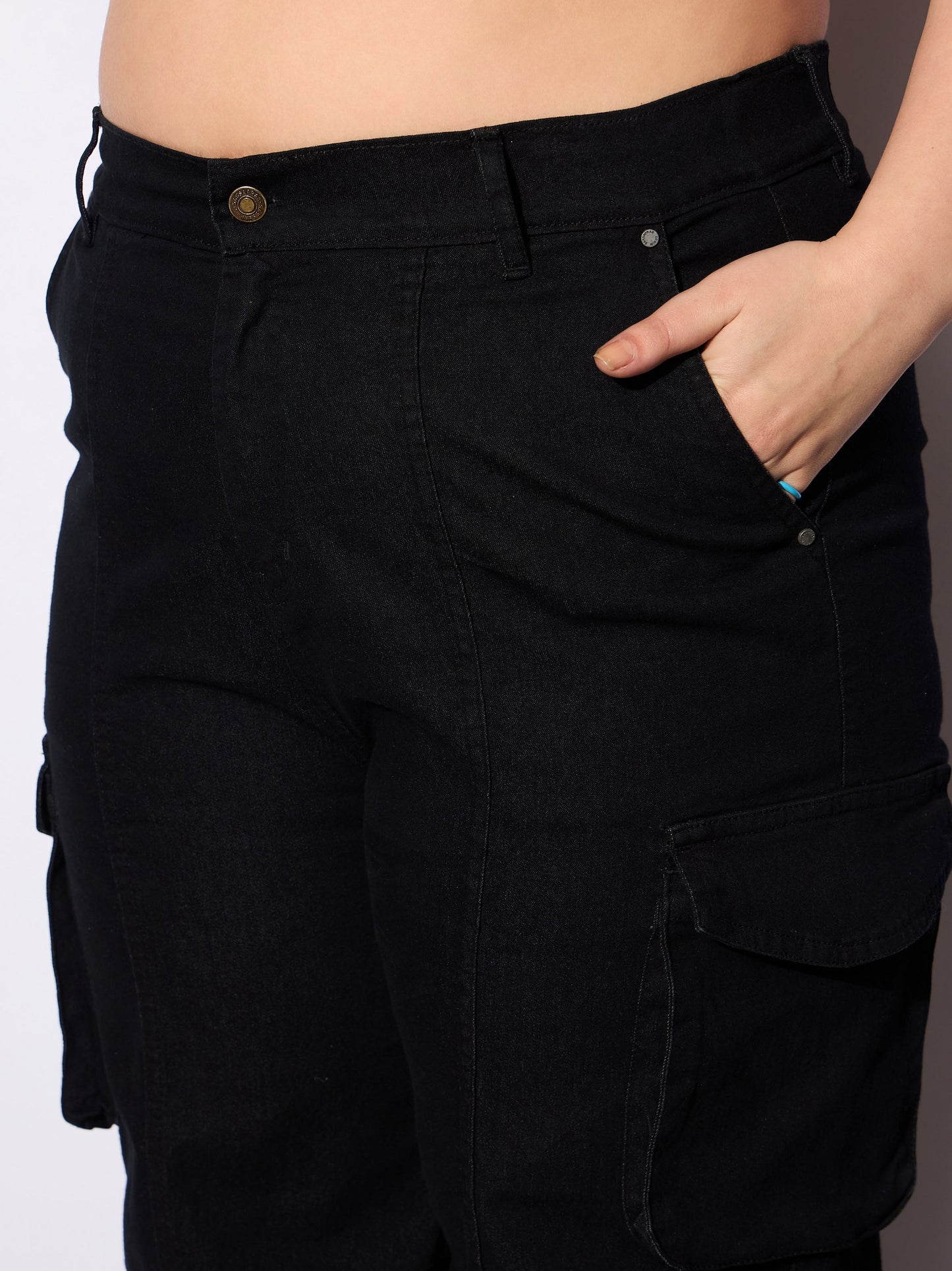 Black Denim Front Seam Side Pockets Straight Jeans