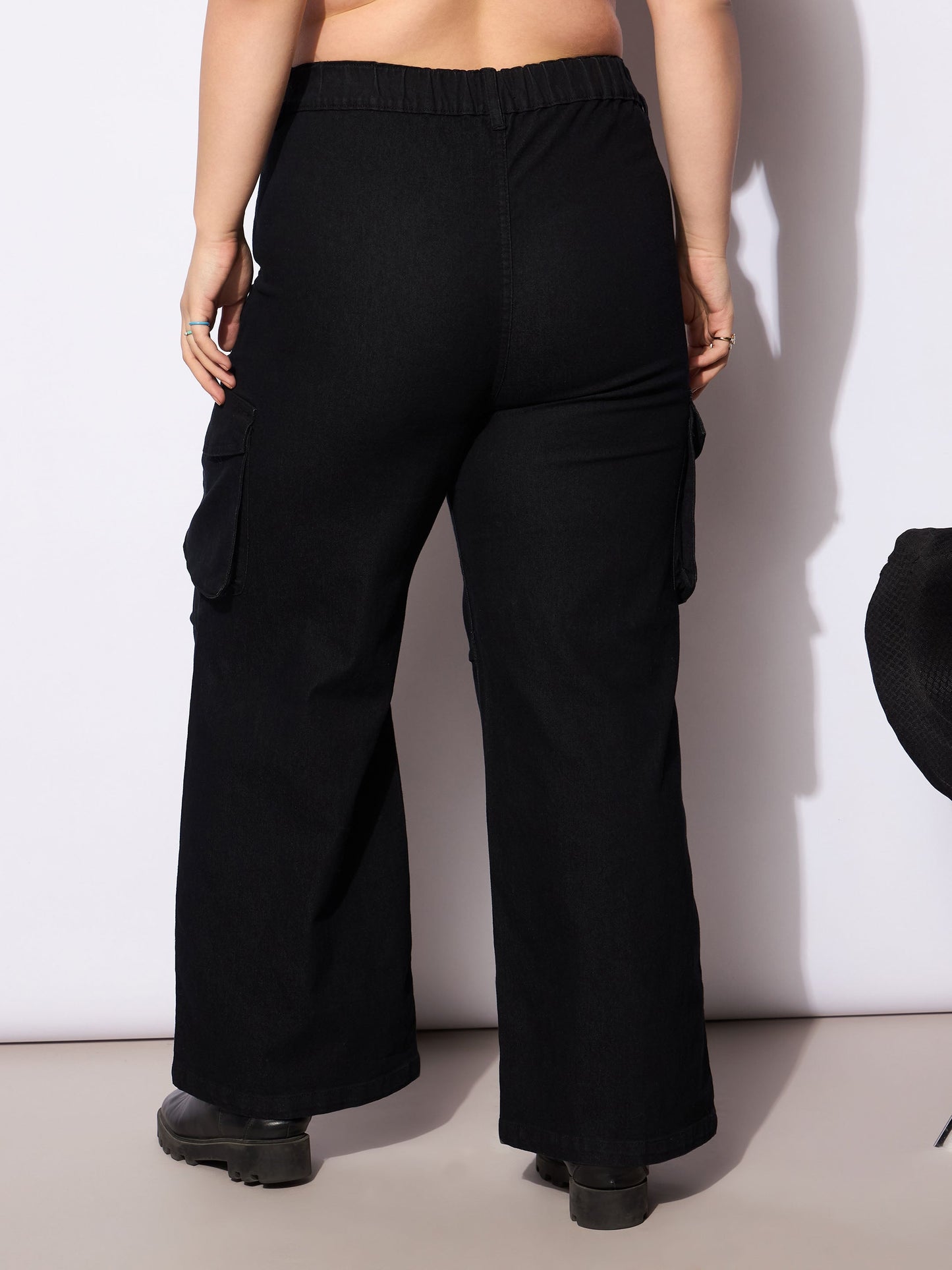 Black Denim Front Seam Side Pockets Straight Jeans