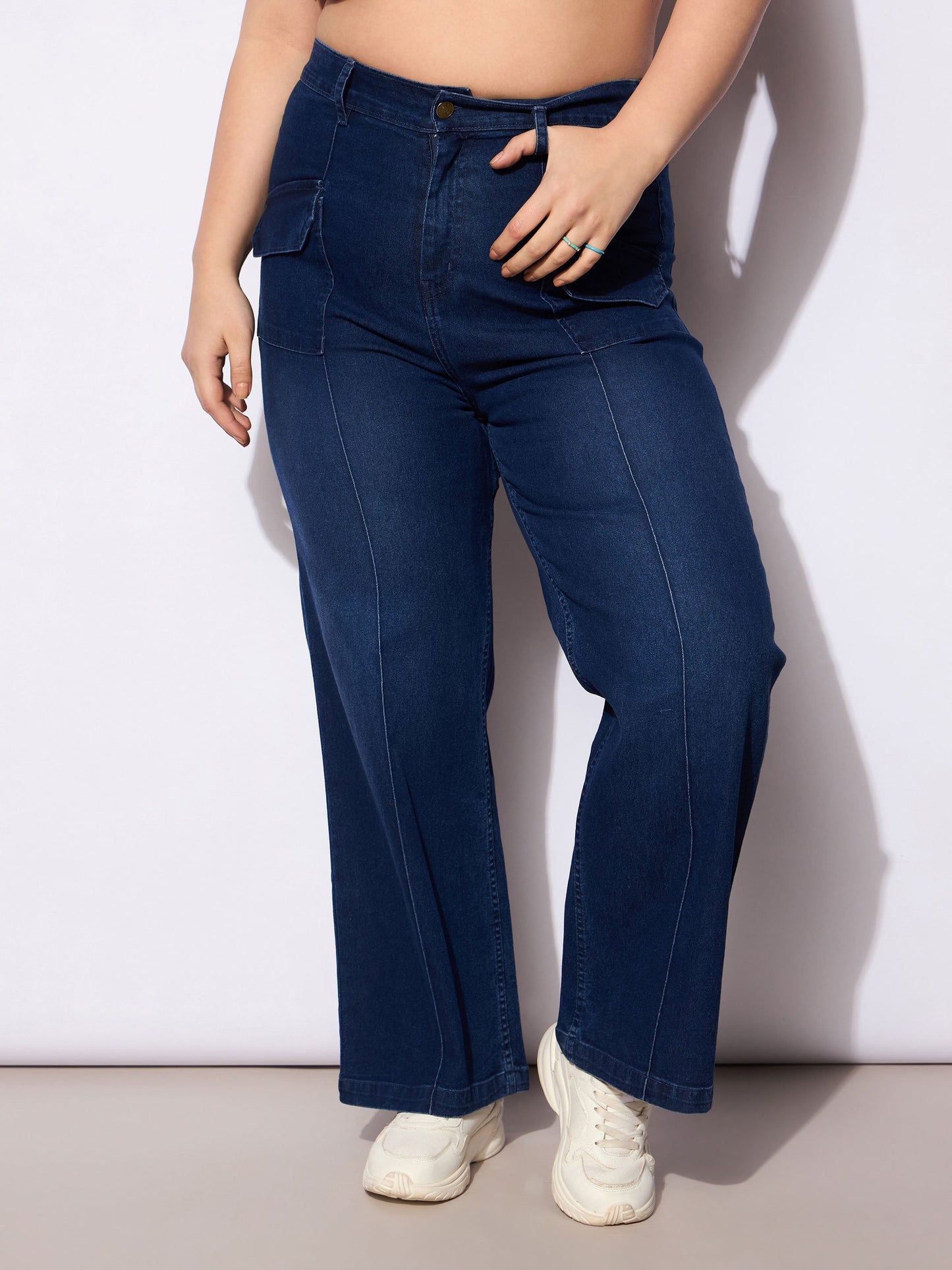Blue Denim Front Seam Detail Straight Jeans