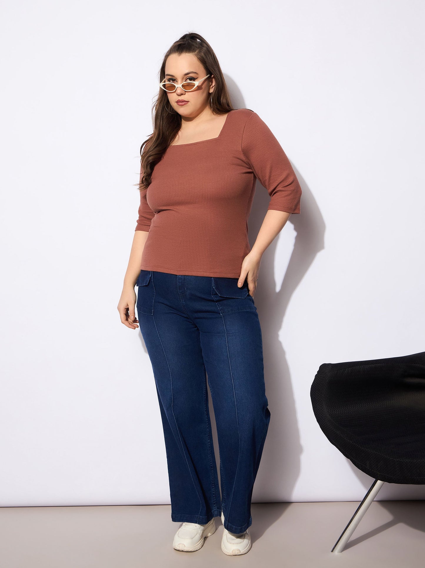 Blue Denim Front Seam Detail Straight Jeans