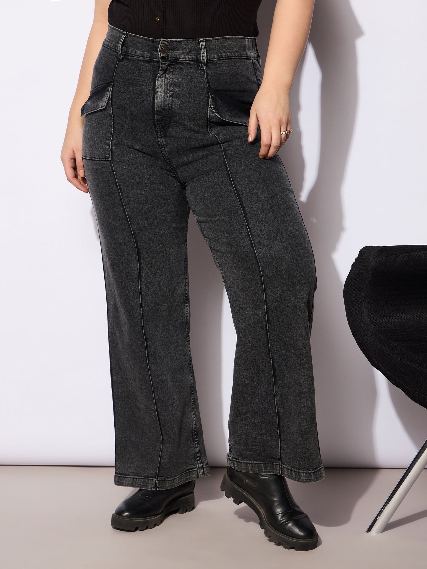 Black Denim Front Seam Detail Straight Jeans