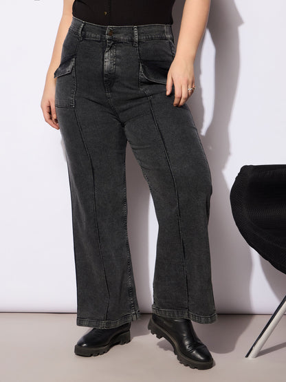 Black Denim Front Seam Detail Straight Jeans