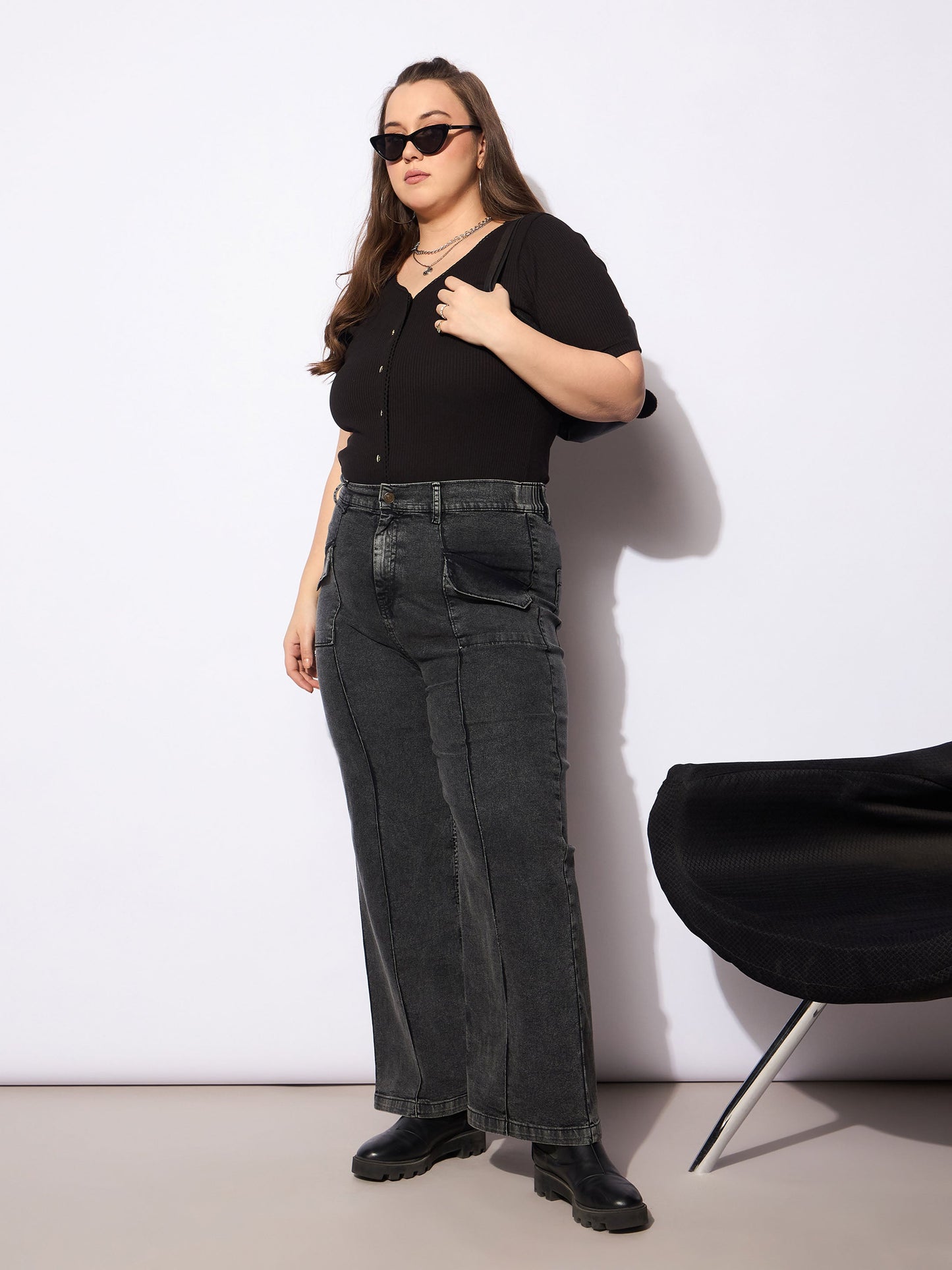 Black Denim Front Seam Detail Straight Jeans