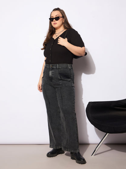 Black Denim Front Seam Detail Straight Jeans