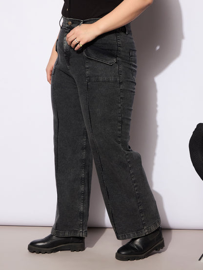 Black Denim Front Seam Detail Straight Jeans