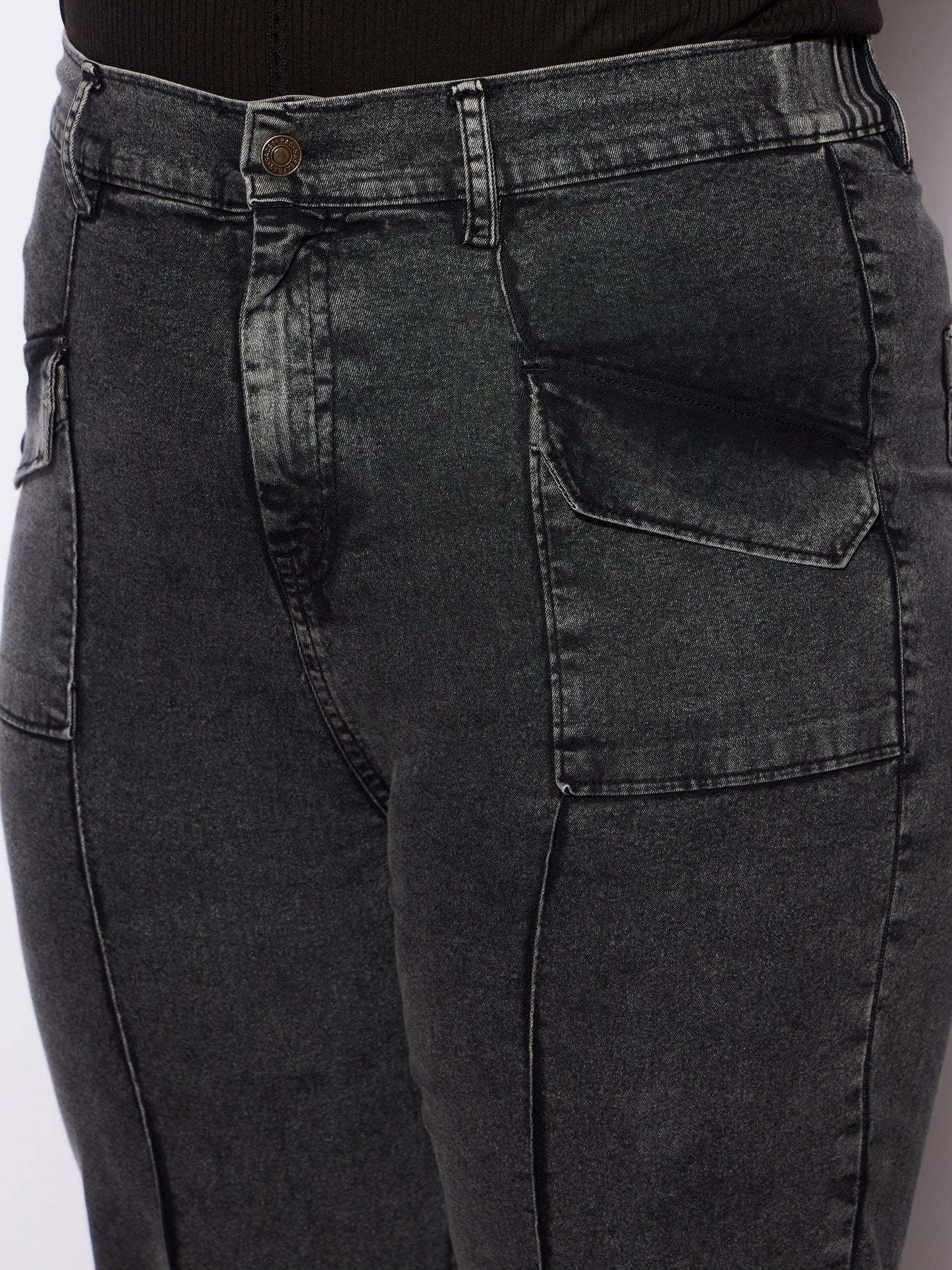 Black Denim Front Seam Detail Straight Jeans