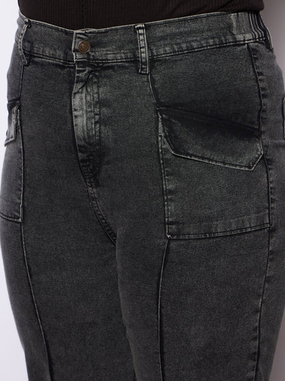 Black Denim Front Seam Detail Straight Jeans