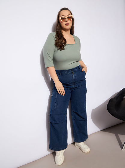Navy Denim Side Pockets Straight Jeans