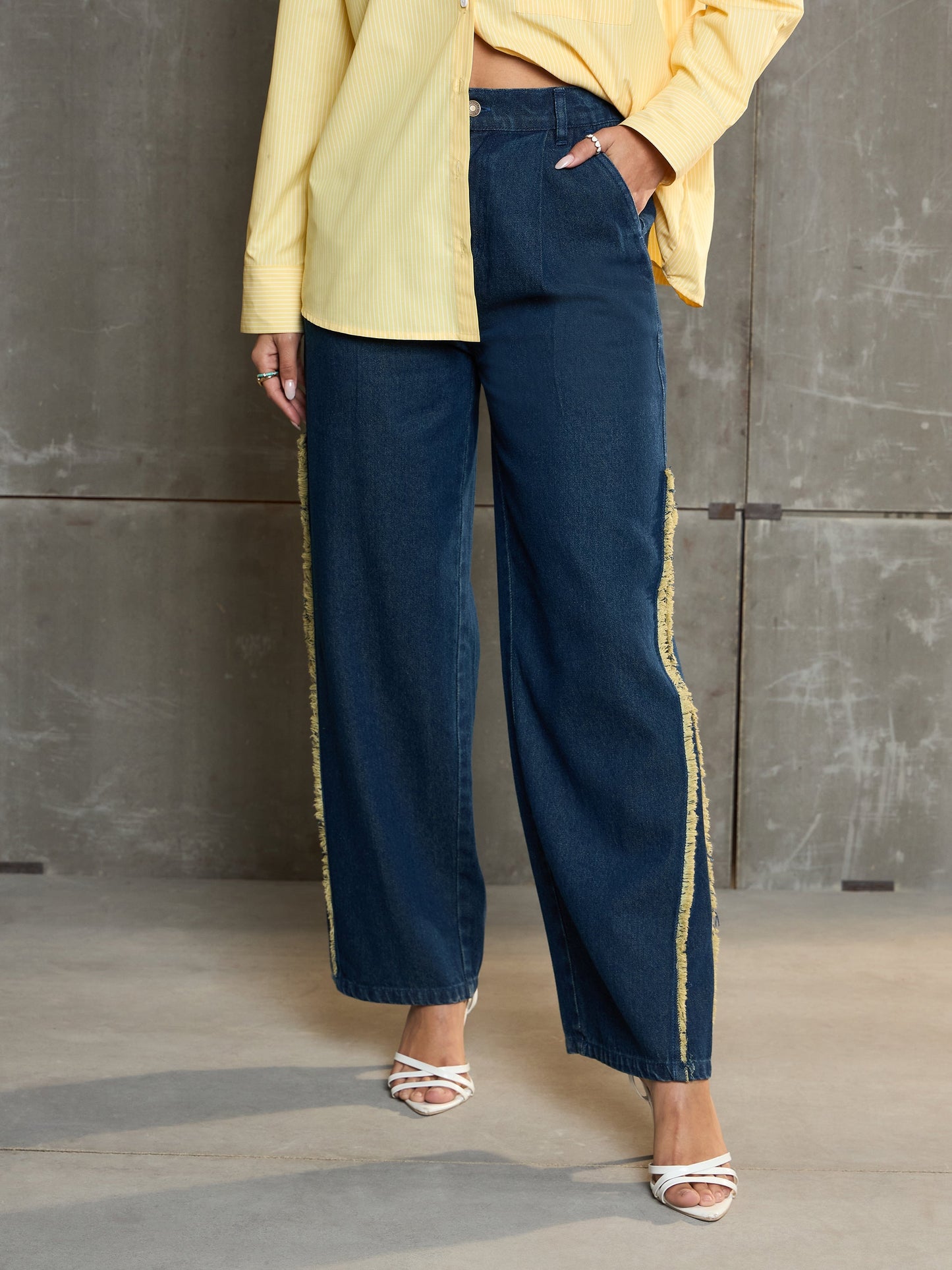 Women Navy Blue Fringed Straight Fit Jeans