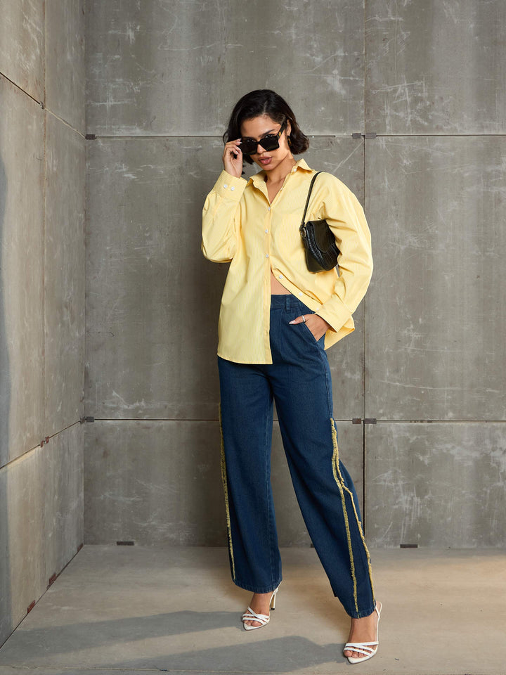 Women Navy Fringed Straight Fit Jeans