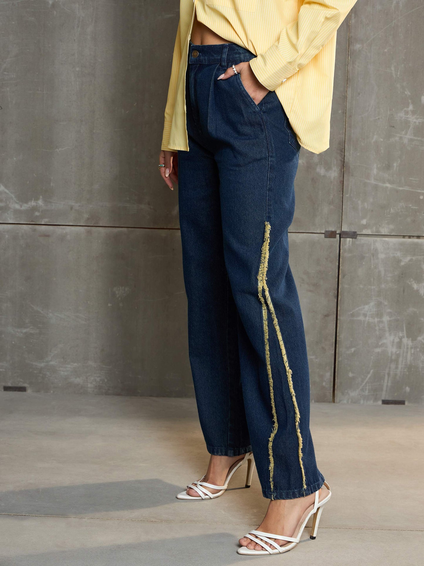 Women Navy Blue Fringed Straight Fit Jeans