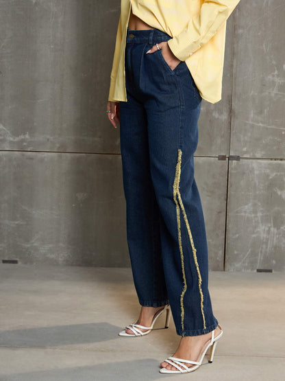 Women Navy Blue Fringed Straight Fit Jeans