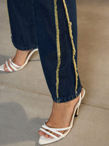 Women Navy Blue Fringed Straight Fit Jeans