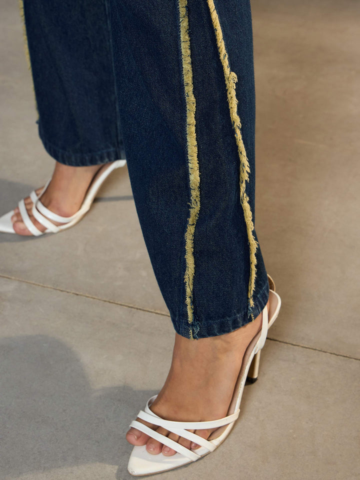 Women Navy Fringed Straight Fit Jeans