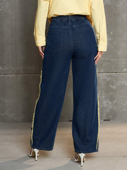 Women Navy Blue Fringed Straight Fit Jeans
