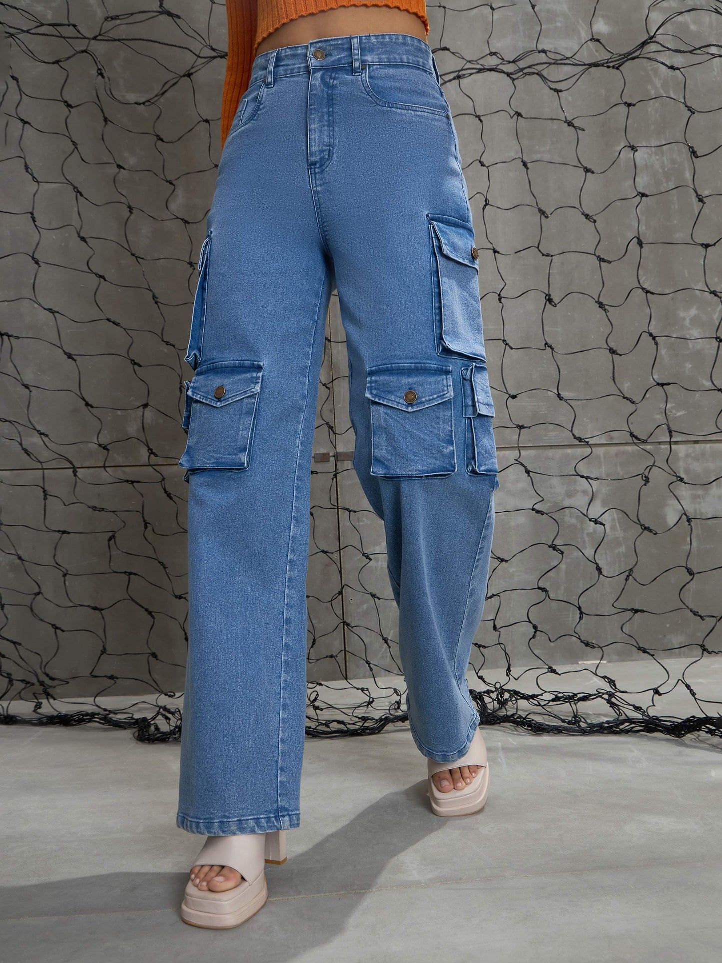 Blue Denim Multi Pockets Cargo Jeans