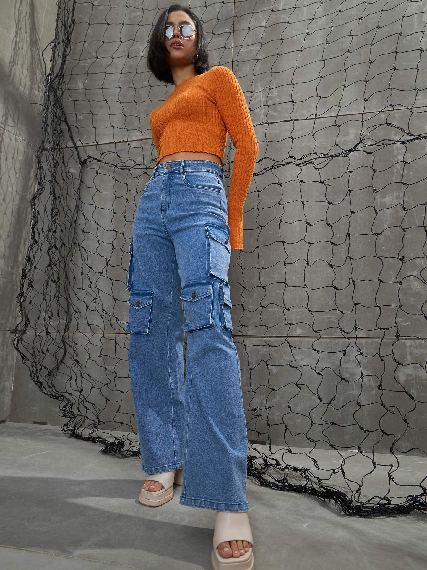 Blue Denim Multi Pockets Cargo Jeans