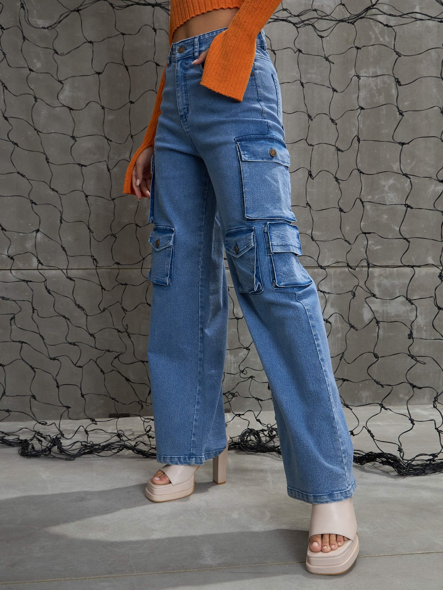 Blue Denim Multi Pockets Cargo Jeans