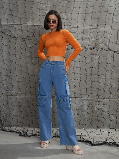 Blue Denim Multi Pockets Cargo Jeans
